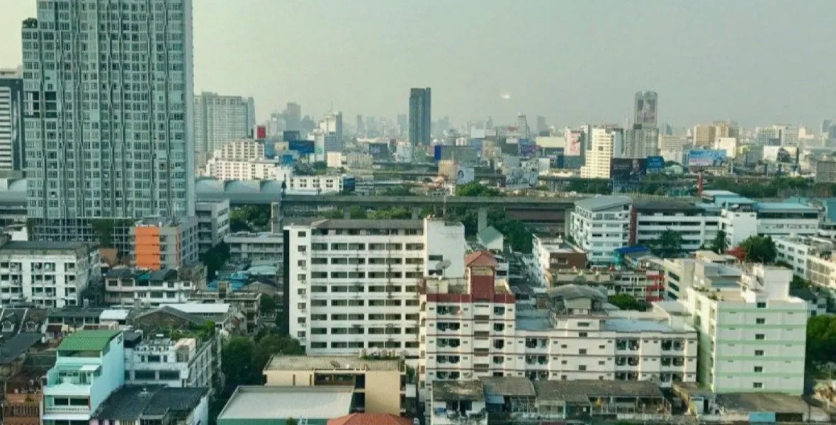 A dense view across central Bangkok’s towers and rooftops