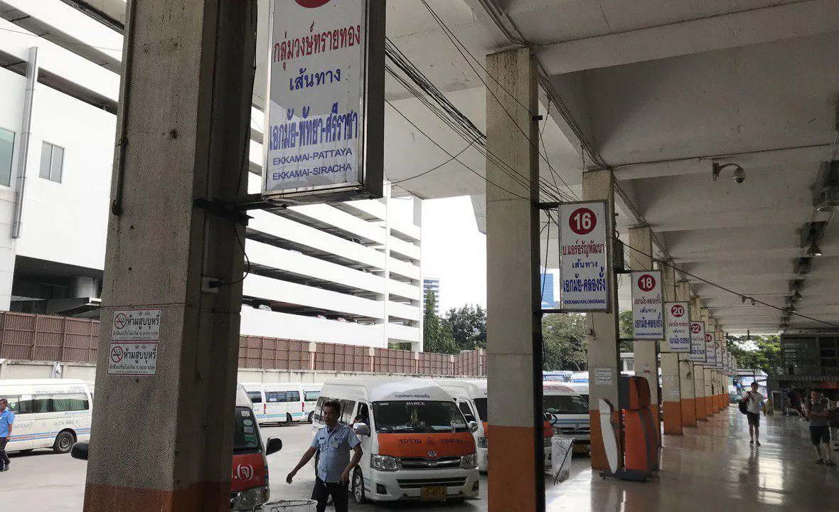 Ekkamai Eastern Bus Terminal in Bangkok, with platform signs for Pattaya and the eastern seaboard